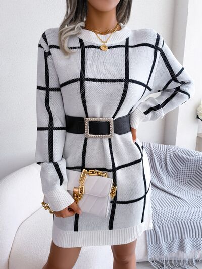 Plaid Round Neck Dropped Shoulder Sweater Dress - aurelia-clothing-8955