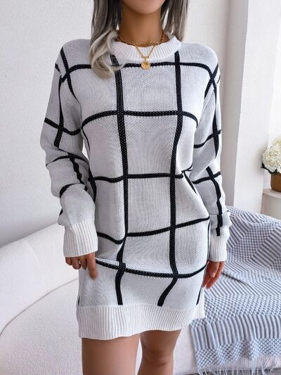 Plaid Round Neck Dropped Shoulder Sweater Dress - aurelia-clothing-8955