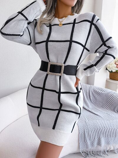 Plaid Round Neck Dropped Shoulder Sweater Dress - aurelia-clothing-8955