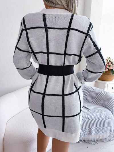 Plaid Round Neck Dropped Shoulder Sweater Dress - aurelia-clothing-8955