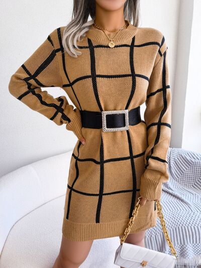 Plaid Round Neck Dropped Shoulder Sweater Dress - aurelia-clothing-8955