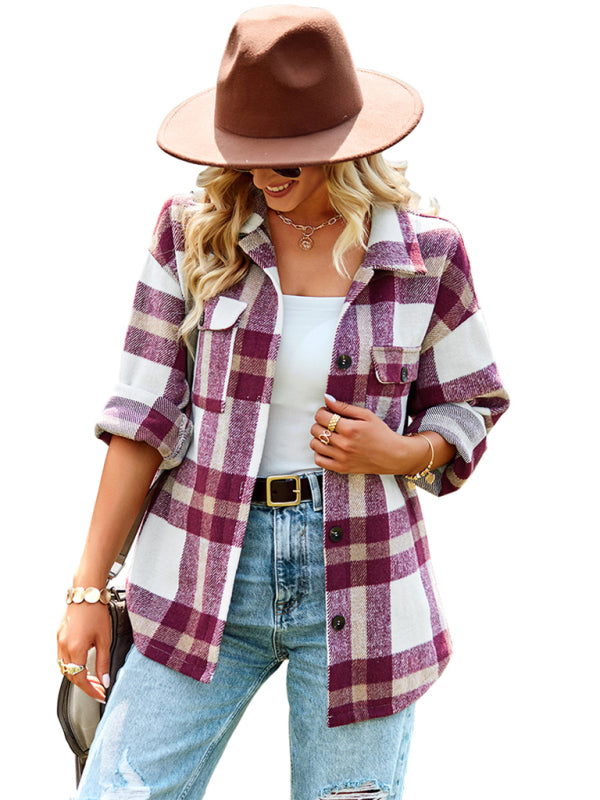 Plaid long sleeve shirt casual coat-Free Shipping - aurelia-clothing-8955