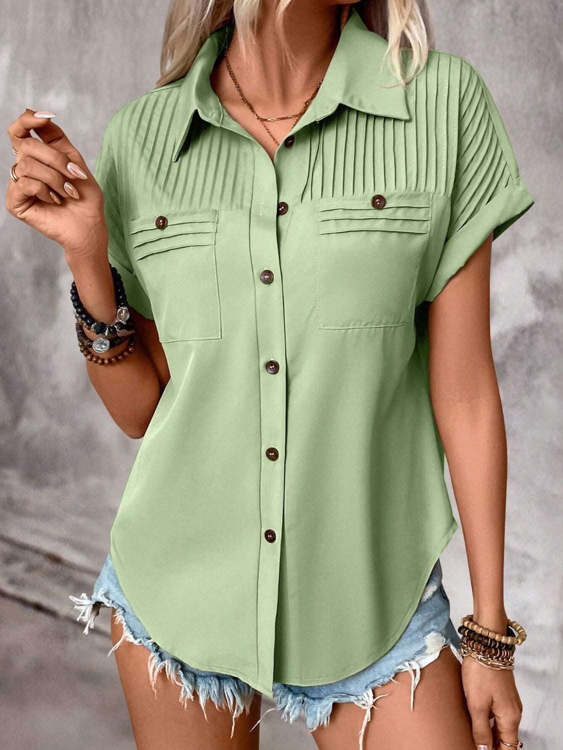 Pleated Detail Collared Neck Short Sleeve Shirt - aurelia-clothing-8955