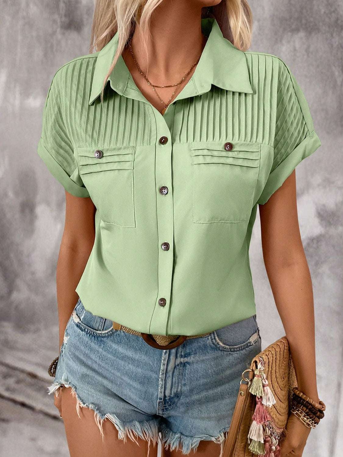 Pleated Detail Collared Neck Short Sleeve Shirt - aurelia-clothing-8955