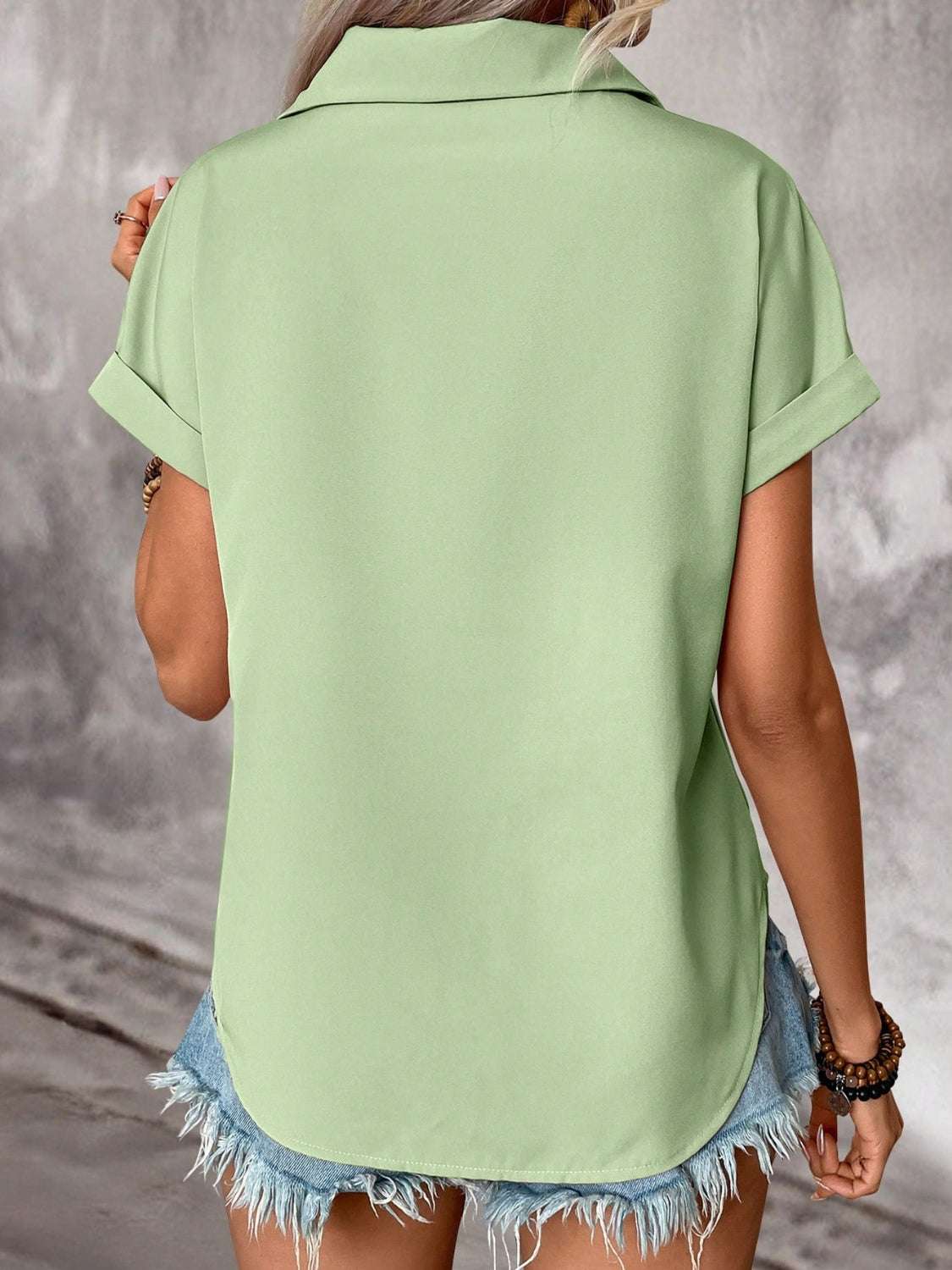 Pleated Detail Collared Neck Short Sleeve Shirt - aurelia-clothing-8955