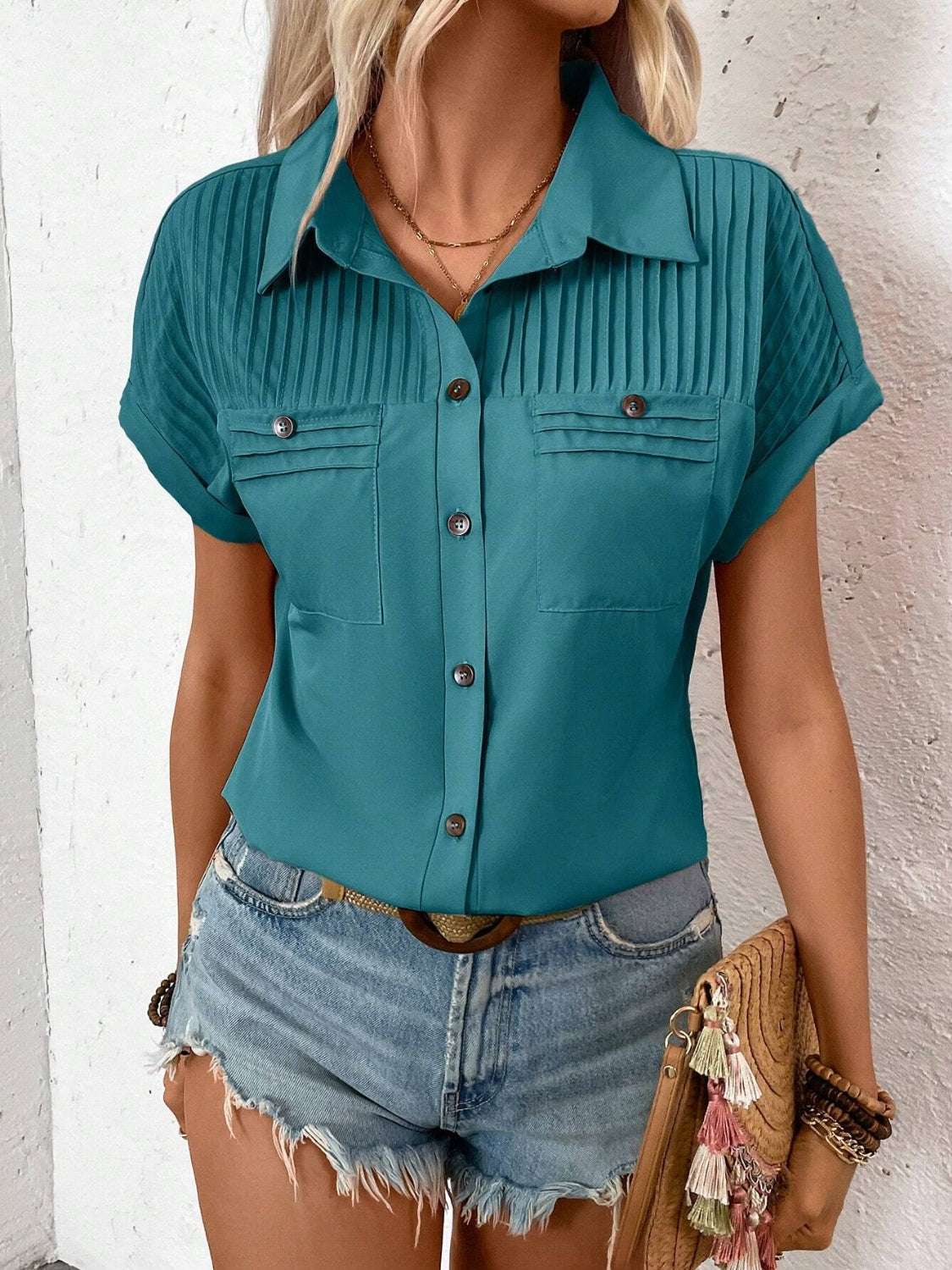 Pleated Detail Collared Neck Short Sleeve Shirt - aurelia-clothing-8955