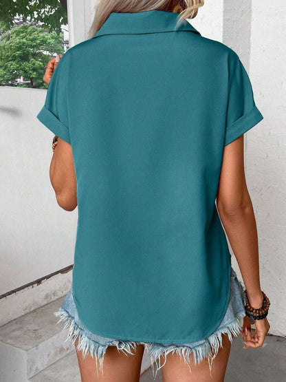 Pleated Detail Collared Neck Short Sleeve Shirt - aurelia-clothing-8955