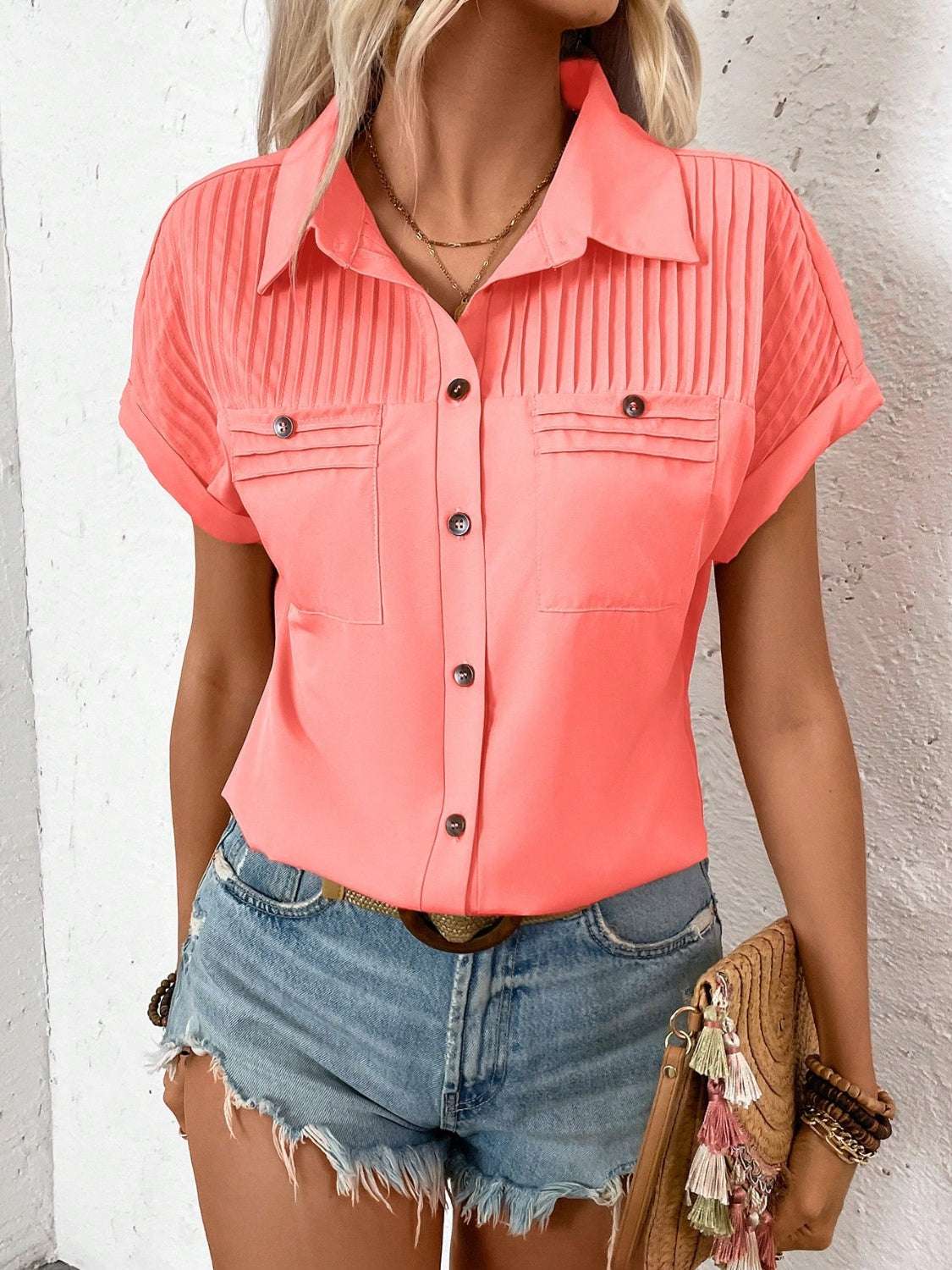 Pleated Detail Collared Neck Short Sleeve Shirt - aurelia-clothing-8955