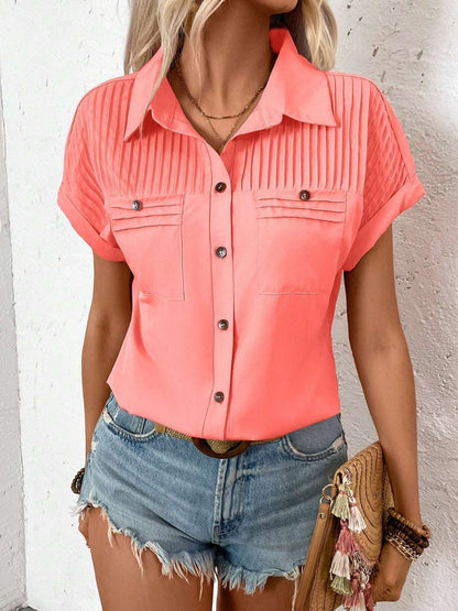 Pleated Detail Collared Neck Short Sleeve Shirt - aurelia-clothing-8955