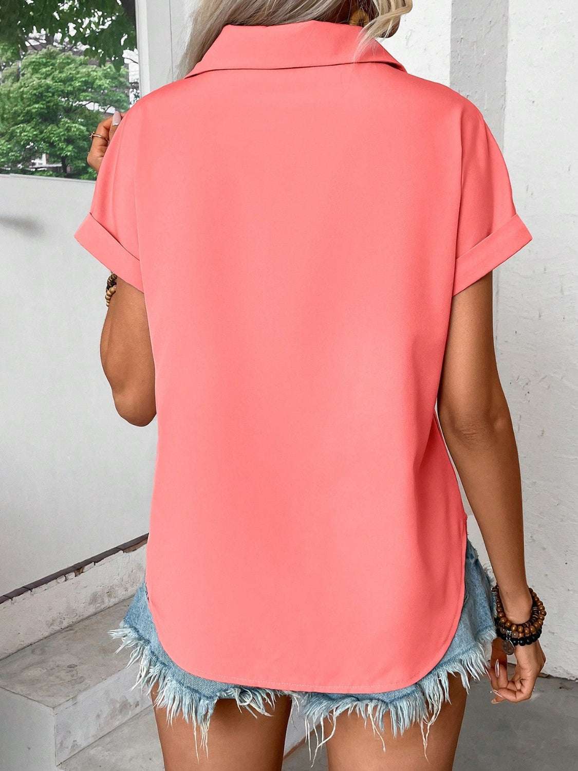 Pleated Detail Collared Neck Short Sleeve Shirt - aurelia-clothing-8955