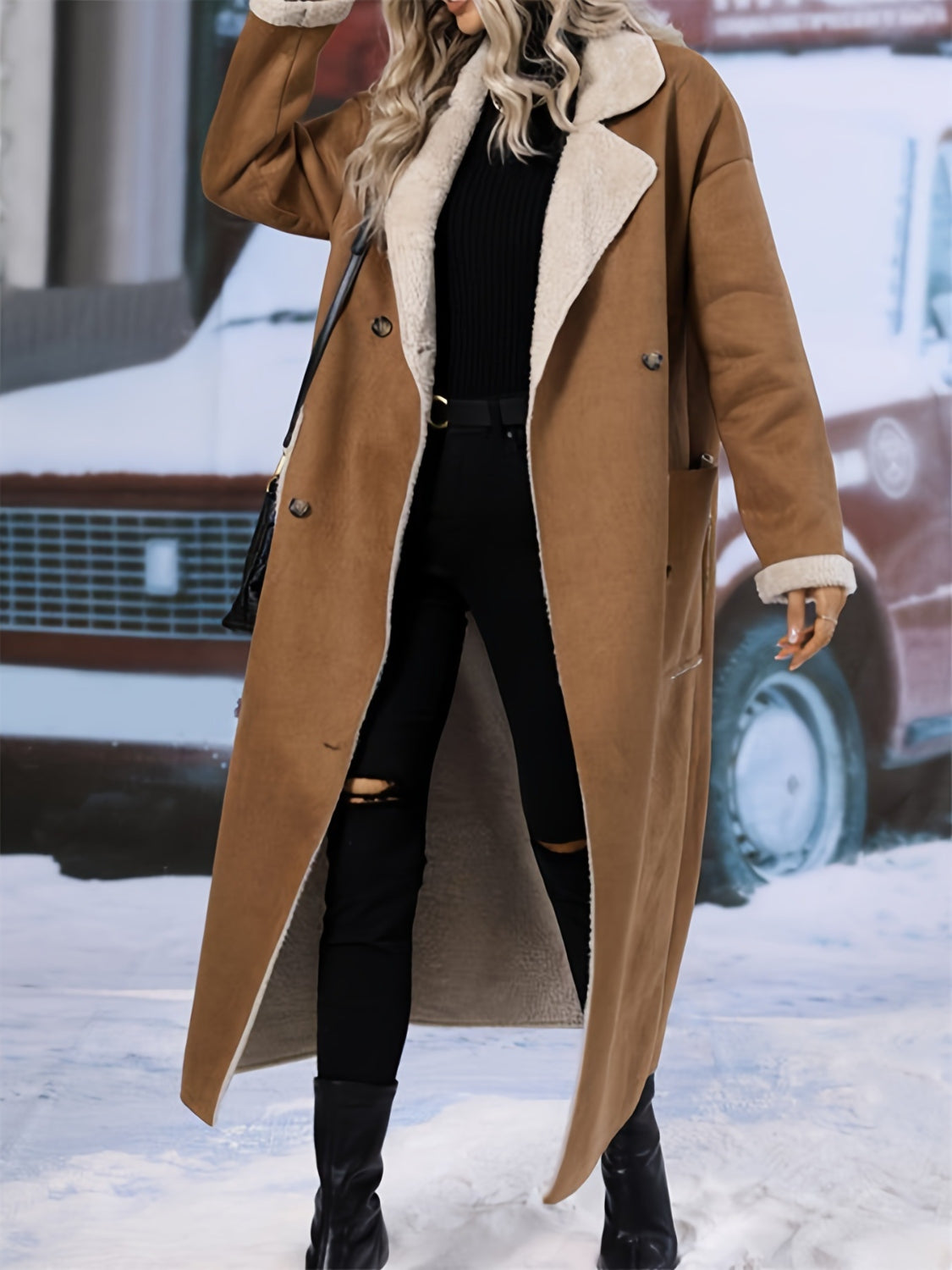 Plus Size Drop Shoulder Sherpa Longline Coat - aurelia-clothing-8955