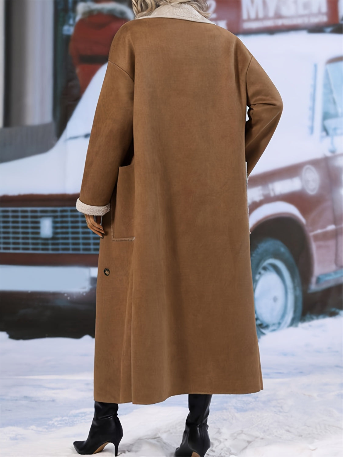 Plus Size Drop Shoulder Sherpa Longline Coat - aurelia-clothing-8955