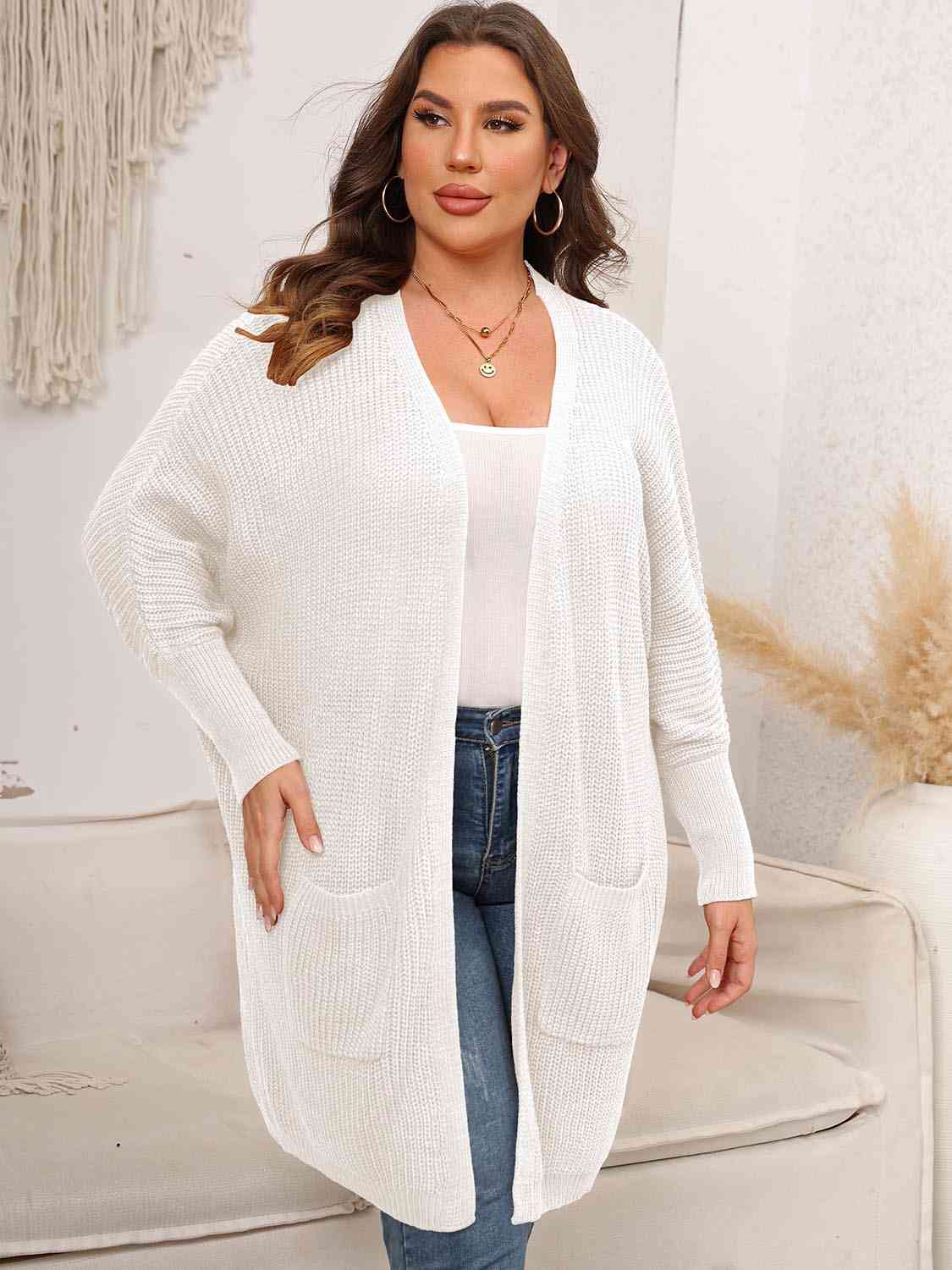 Plus Size Open Front Cardigan With Pockets - aurelia-clothing-8955