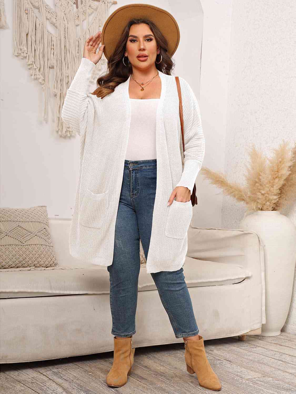 Plus Size Open Front Cardigan With Pockets - aurelia-clothing-8955