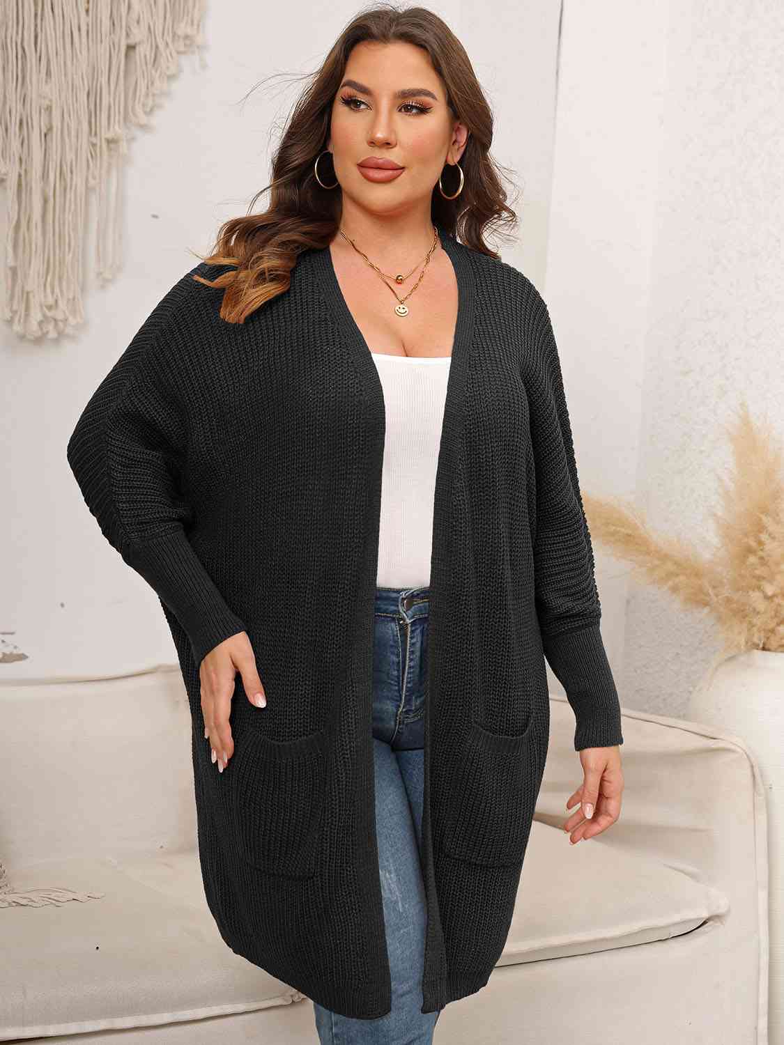 Plus Size Open Front Cardigan With Pockets - aurelia-clothing-8955