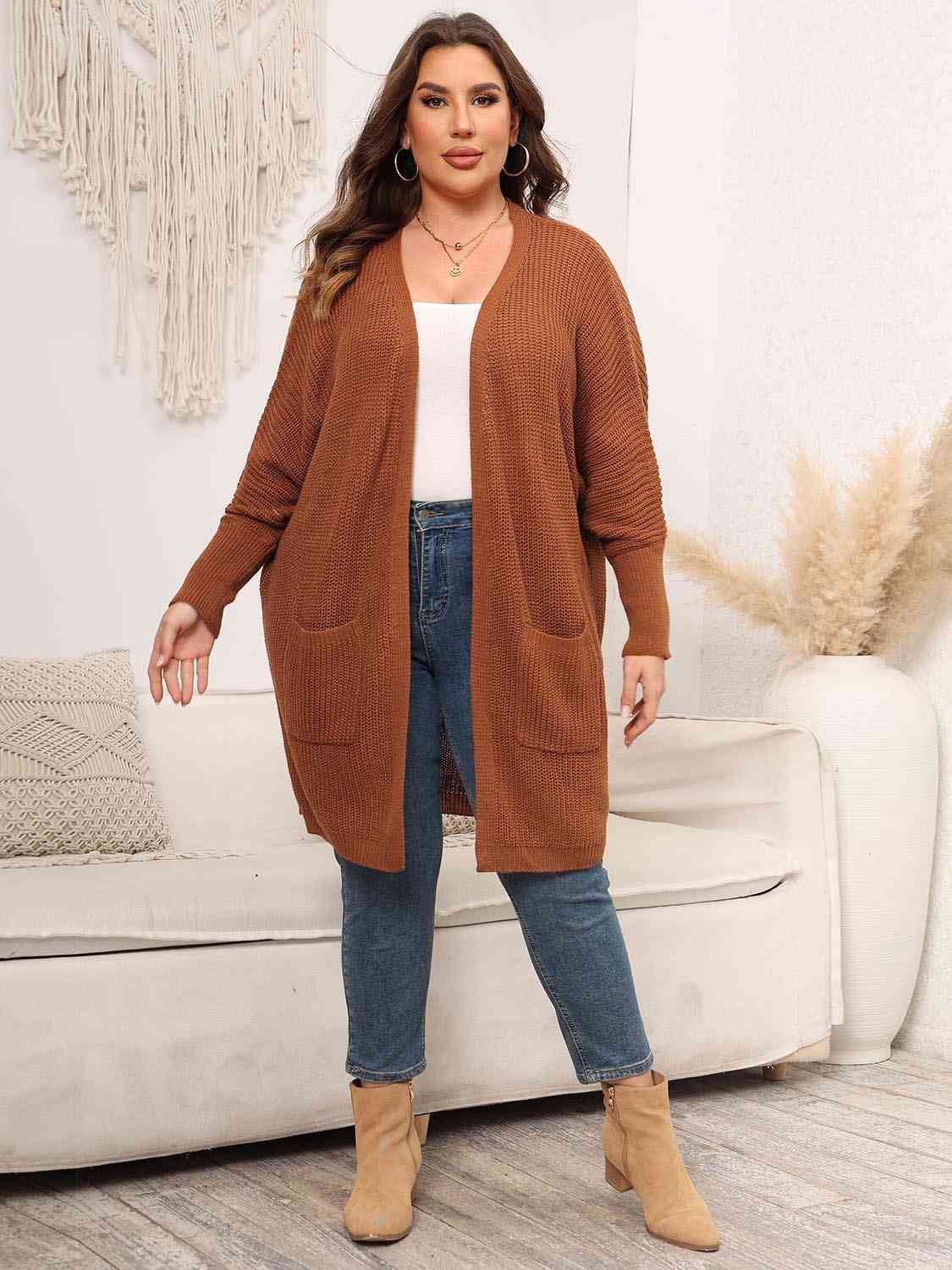 Plus Size Open Front Cardigan With Pockets - aurelia-clothing-8955