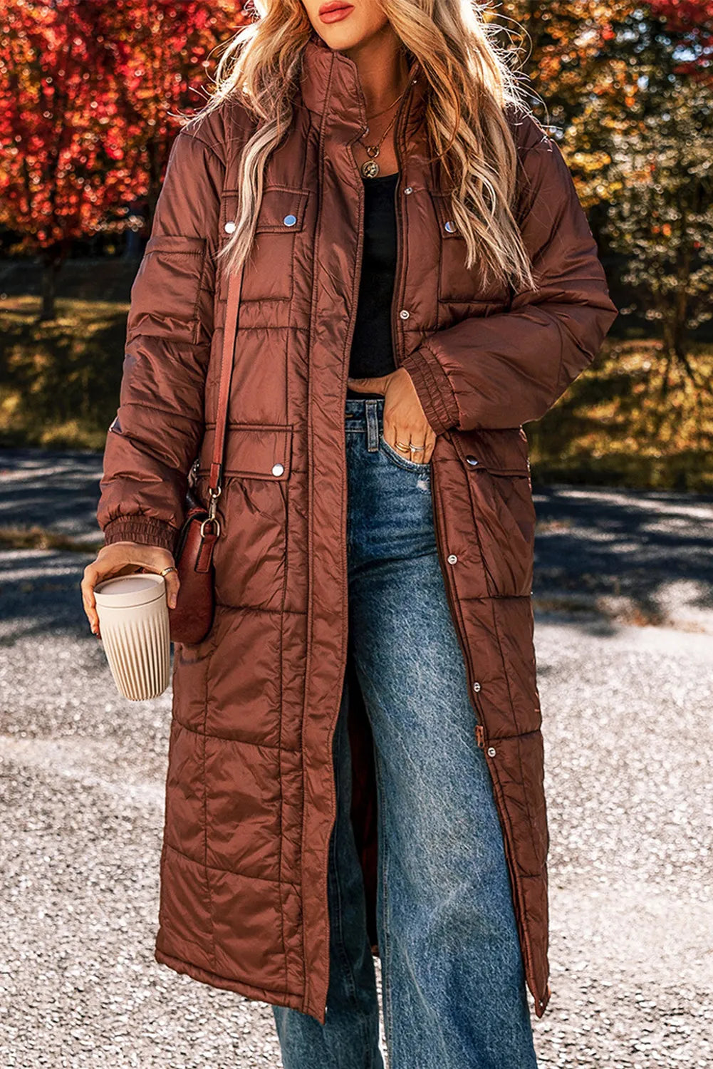 Pocketed Bubble Texture Long Sleeve Longline Winter Coat - aurelia-clothing-8955