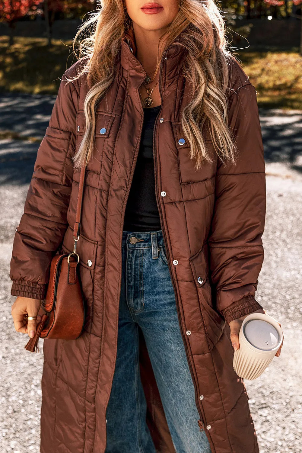 Pocketed Bubble Texture Long Sleeve Longline Winter Coat - aurelia-clothing-8955