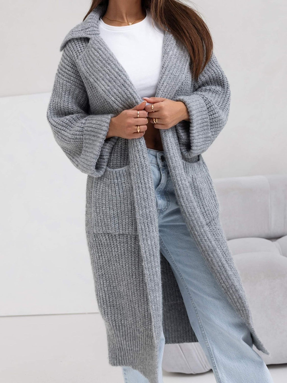 Pocketed Collared Neck Dropped Shoulder Cardigan - aurelia-clothing-8955
