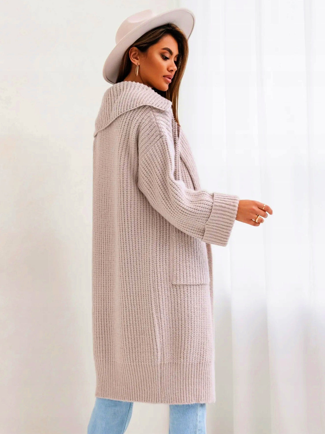 Pocketed Collared Neck Dropped Shoulder Cardigan - aurelia-clothing-8955