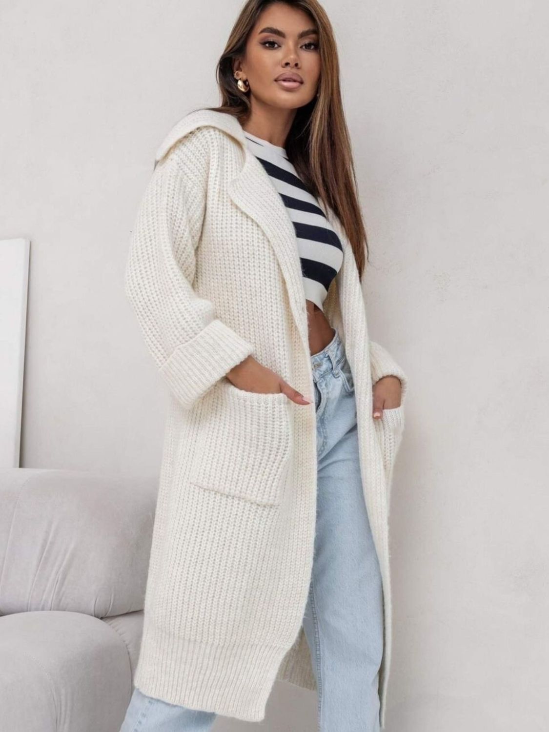 Pocketed Collared Neck Dropped Shoulder Cardigan - aurelia-clothing-8955