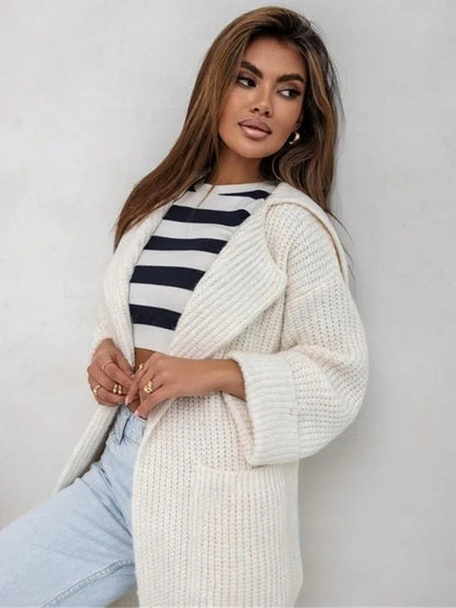 Pocketed Collared Neck Dropped Shoulder Cardigan - aurelia-clothing-8955