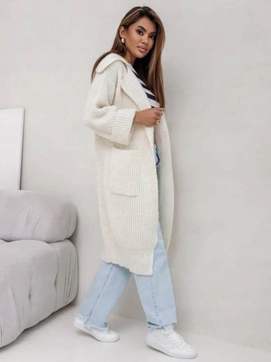 Pocketed Collared Neck Dropped Shoulder Cardigan - aurelia-clothing-8955