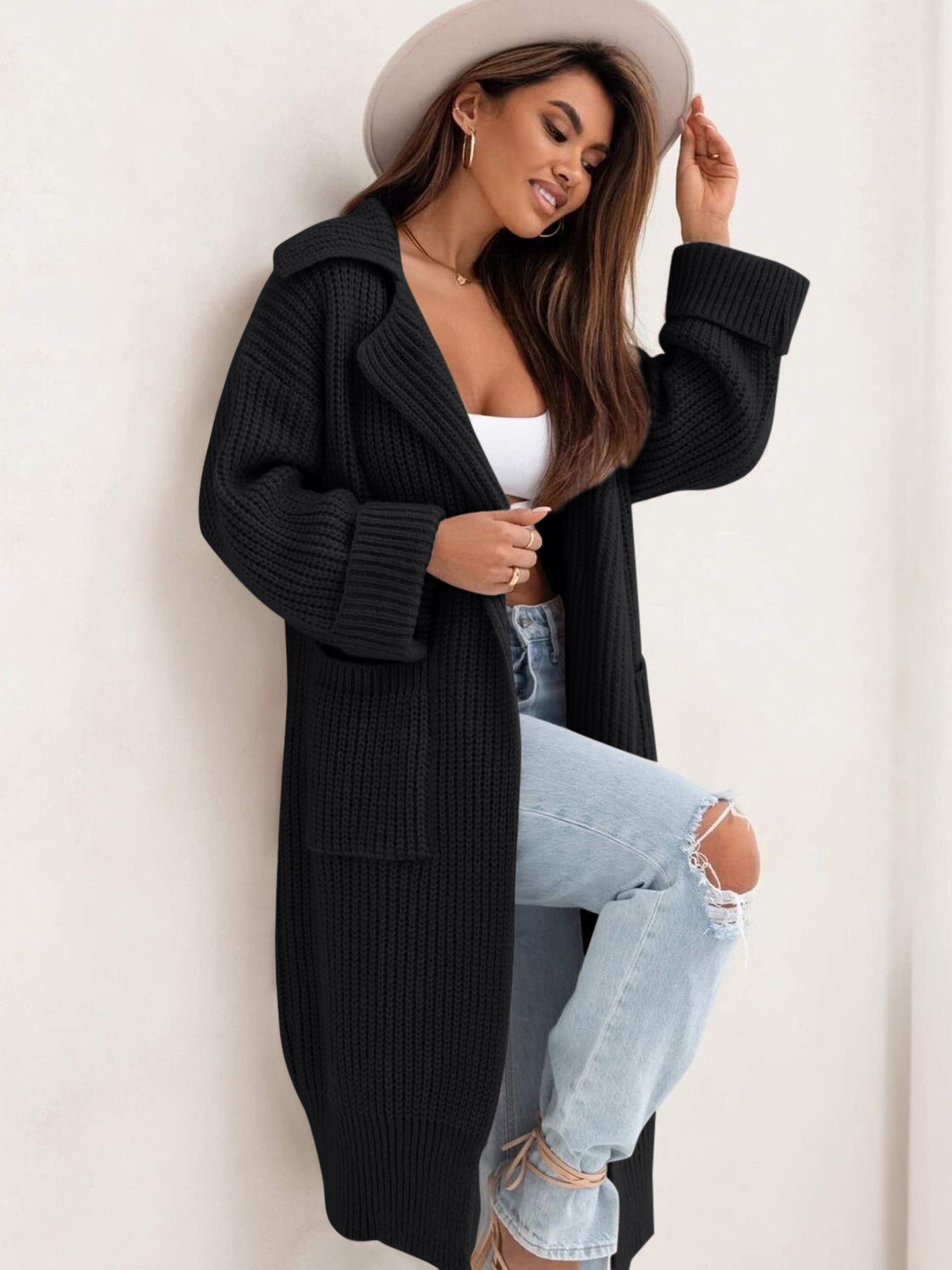 Pocketed Collared Neck Dropped Shoulder Cardigan - aurelia-clothing-8955