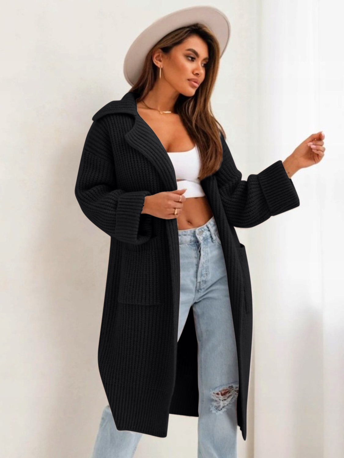Pocketed Collared Neck Dropped Shoulder Cardigan - aurelia-clothing-8955