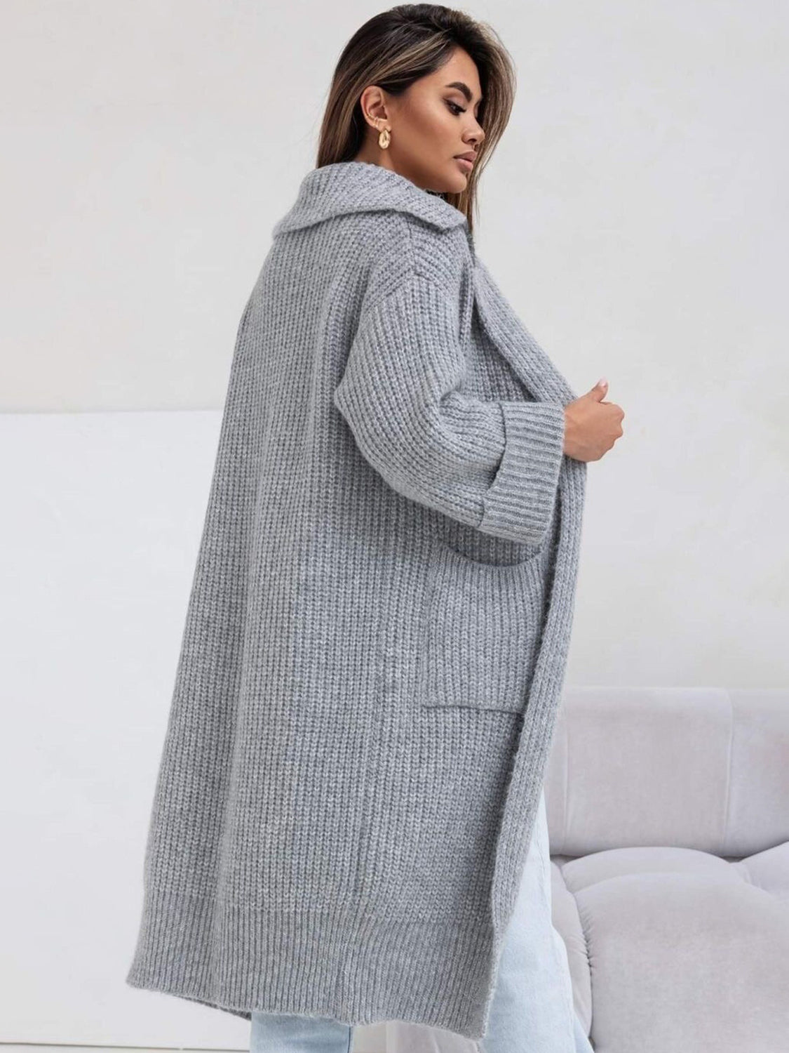 Pocketed Collared Neck Dropped Shoulder Cardigan - aurelia-clothing-8955