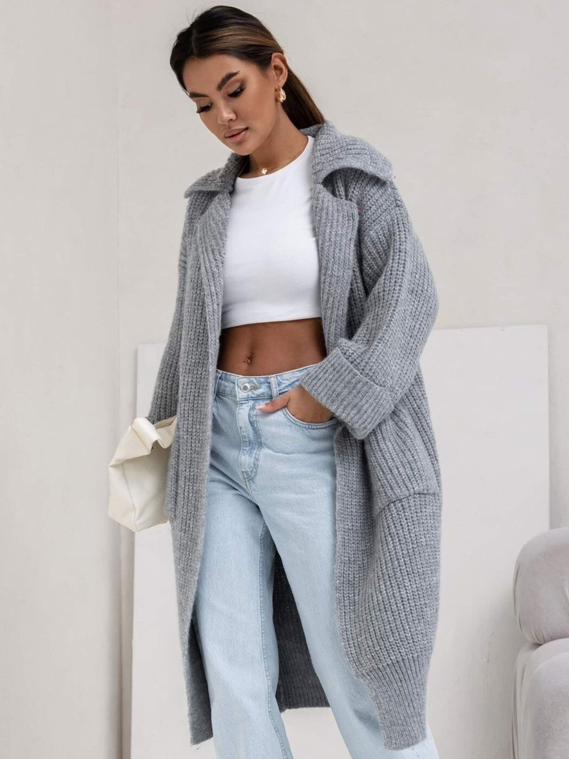 Pocketed Collared Neck Dropped Shoulder Cardigan - aurelia-clothing-8955