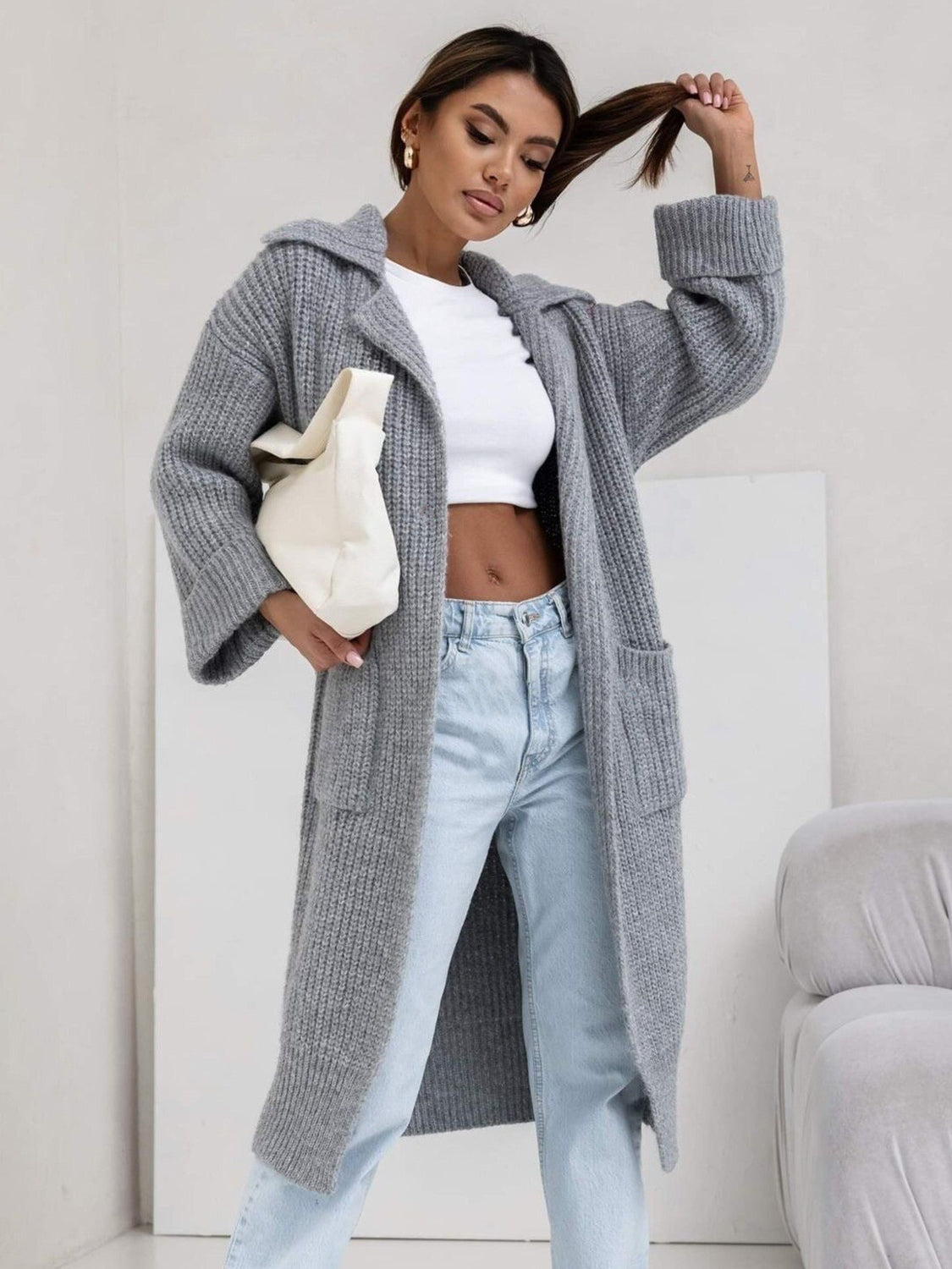 Pocketed Collared Neck Dropped Shoulder Cardigan - aurelia-clothing-8955