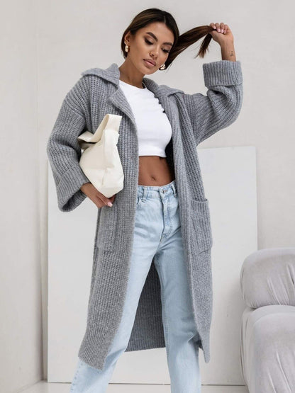 Pocketed Collared Neck Dropped Shoulder Cardigan - aurelia-clothing-8955