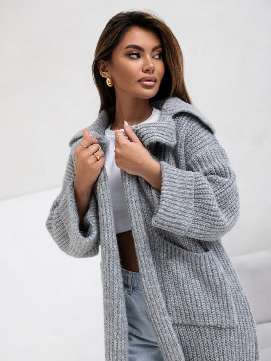 Pocketed Collared Neck Dropped Shoulder Cardigan - aurelia-clothing-8955