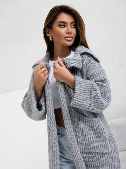 Pocketed Collared Neck Dropped Shoulder Cardigan - aurelia-clothing-8955
