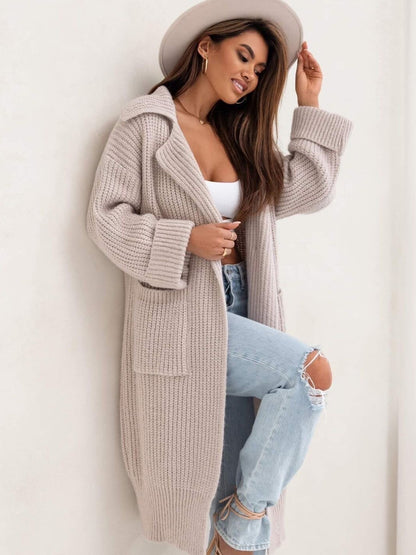 Pocketed Collared Neck Dropped Shoulder Cardigan - aurelia-clothing-8955