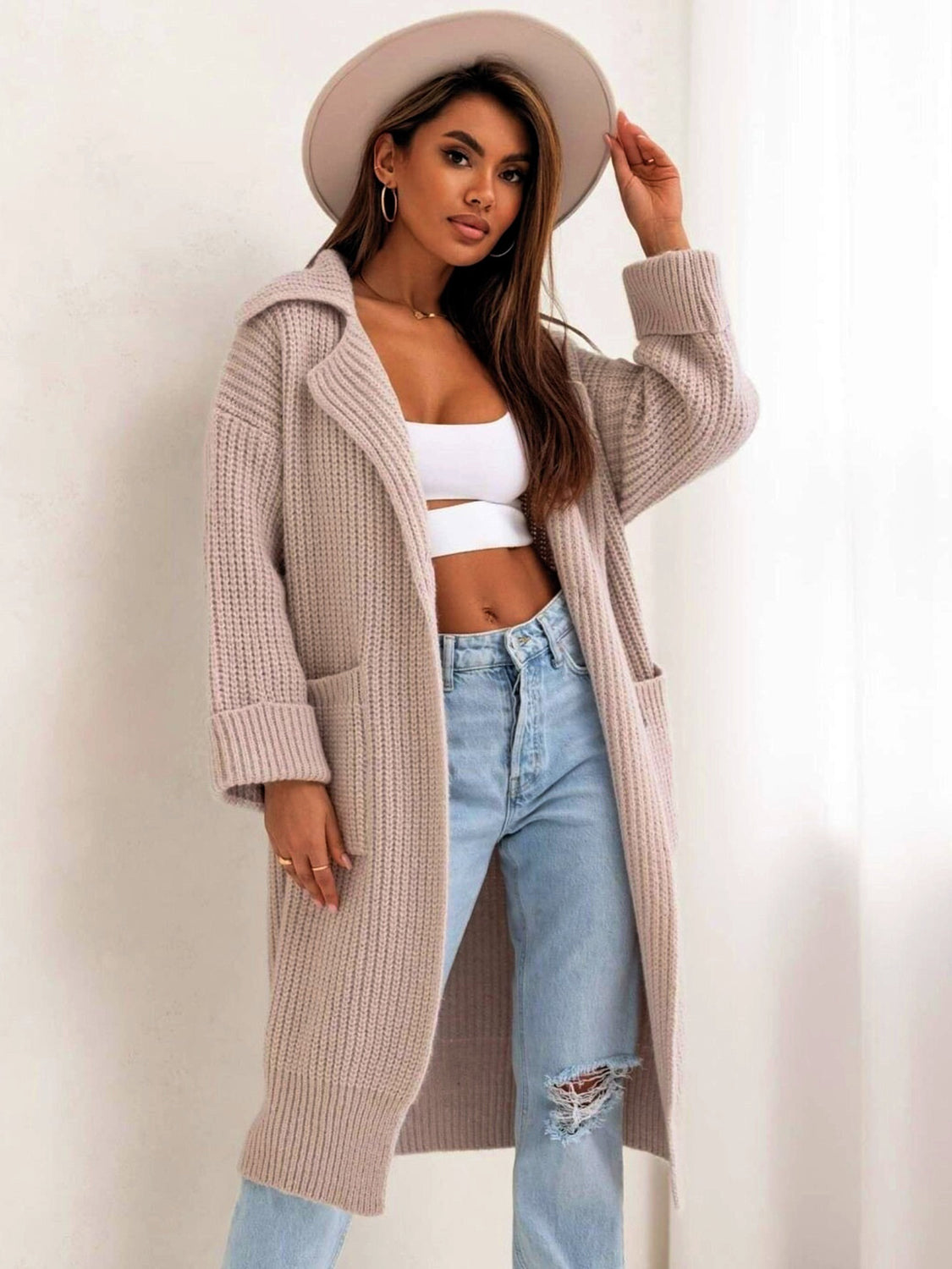 Pocketed Collared Neck Dropped Shoulder Cardigan - aurelia-clothing-8955