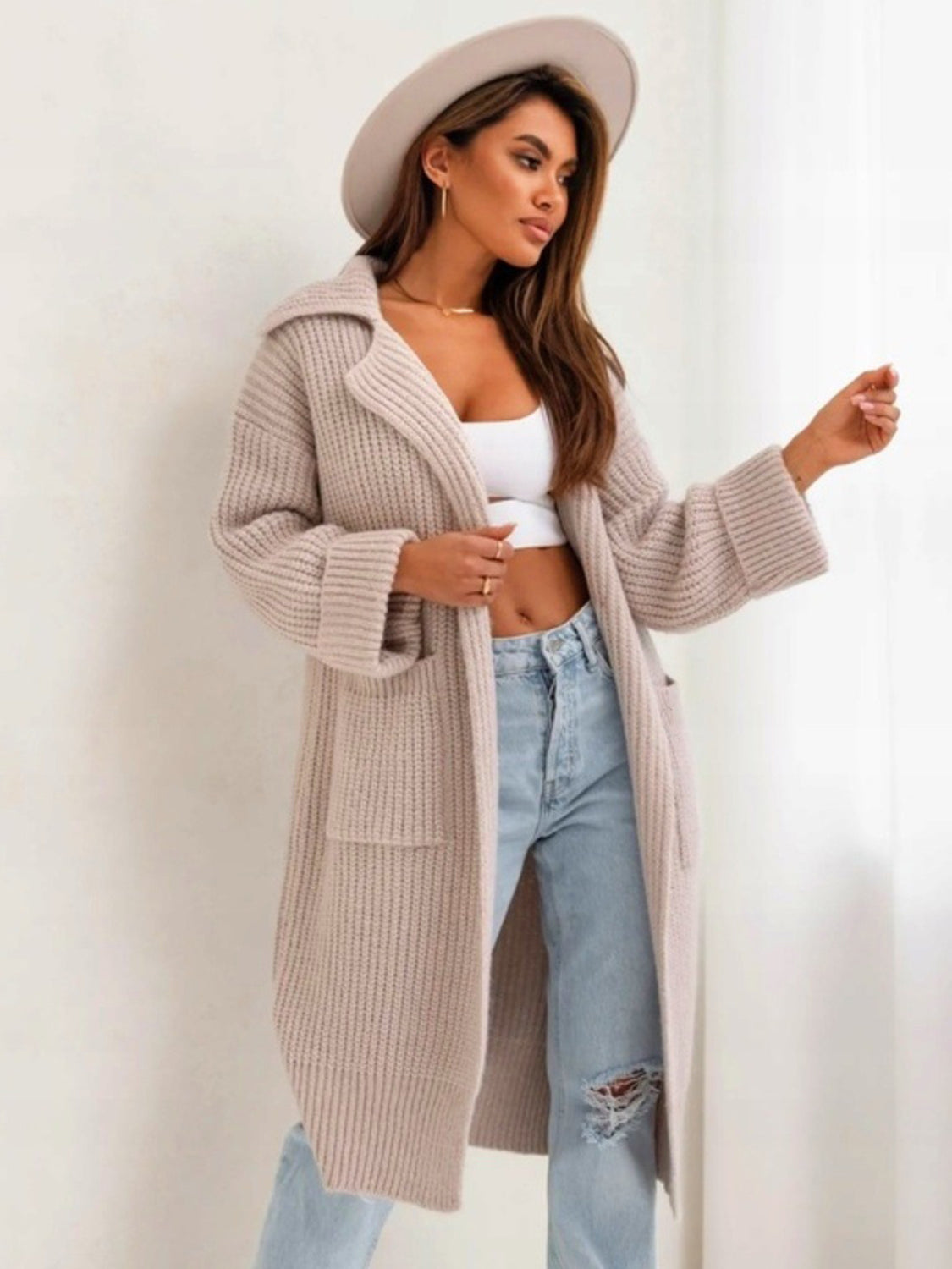 Pocketed Collared Neck Dropped Shoulder Cardigan - aurelia-clothing-8955