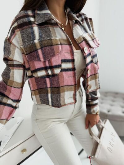 Pocketed Collared Neck Long Sleeve Plaid Jacket - aurelia-clothing-8955