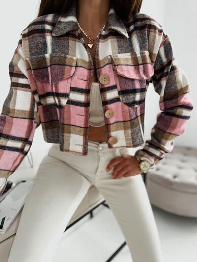 Pocketed Collared Neck Long Sleeve Plaid Jacket - aurelia-clothing-8955