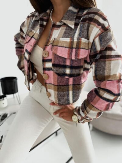 Pocketed Collared Neck Long Sleeve Plaid Jacket - aurelia-clothing-8955