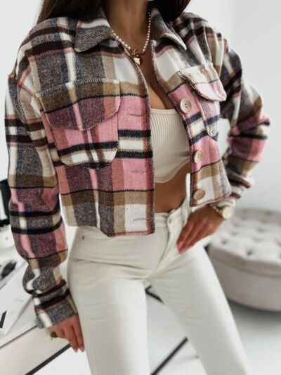 Pocketed Collared Neck Long Sleeve Plaid Jacket - aurelia-clothing-8955