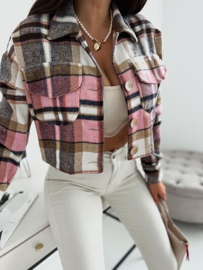 Pocketed Collared Neck Long Sleeve Plaid Jacket - aurelia-clothing-8955