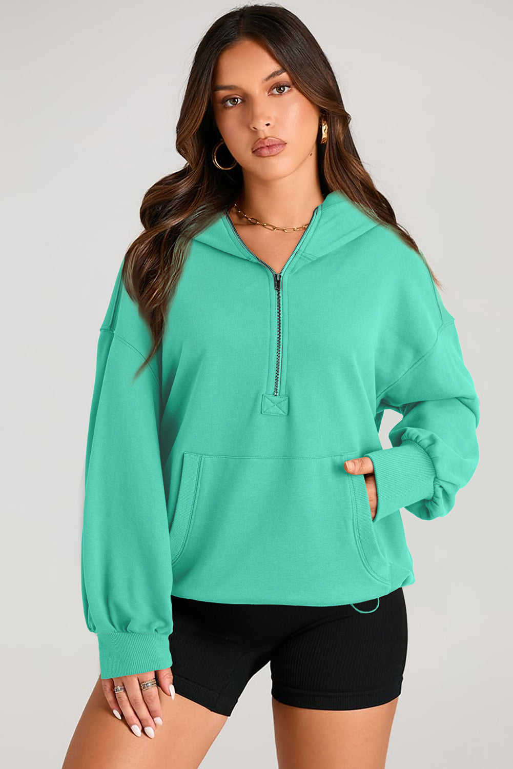 Pocketed Half Zip Long Sleeve Hoodie - aurelia-clothing-8955