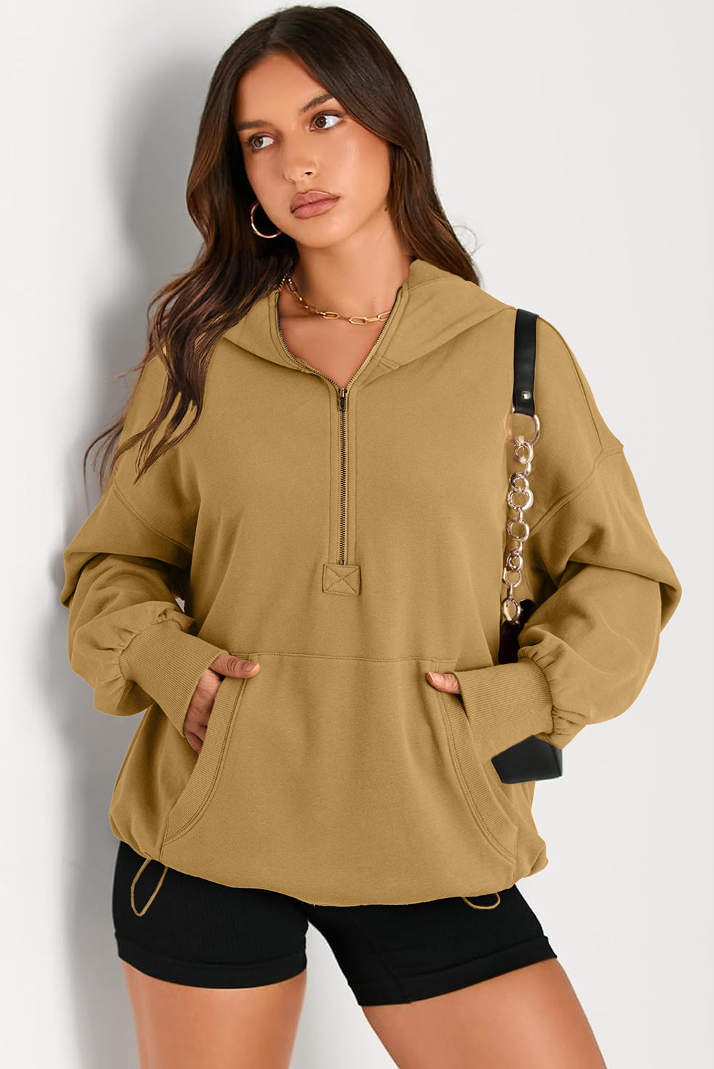 Pocketed Half Zip Long Sleeve Hoodie - aurelia-clothing-8955