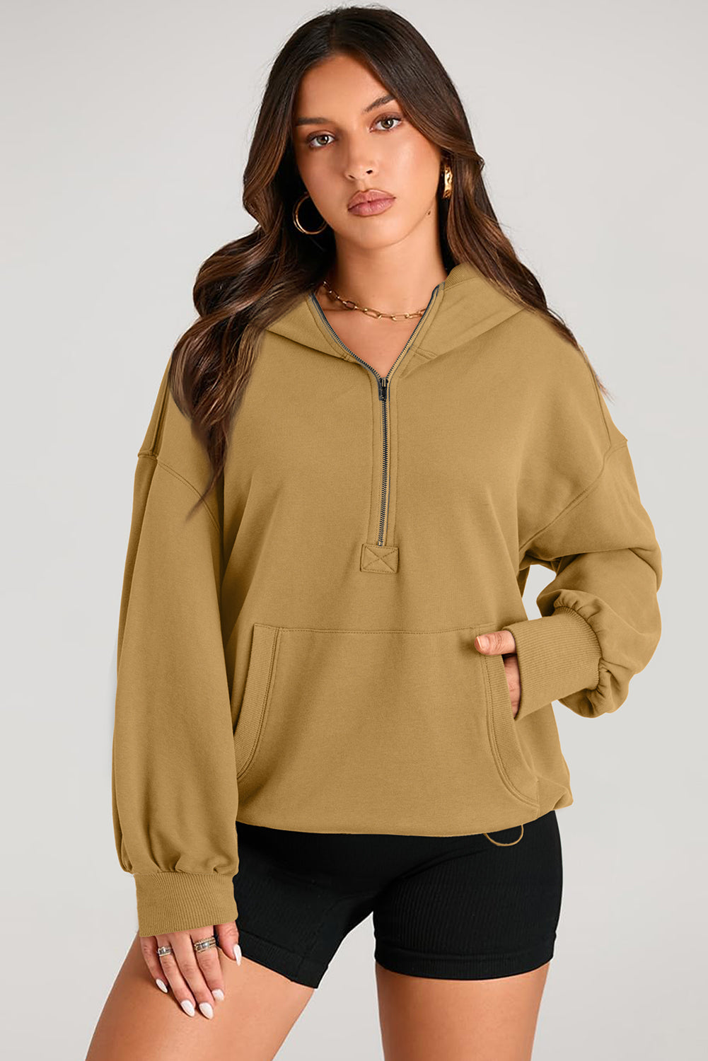 Pocketed Half Zip Long Sleeve Hoodie - aurelia-clothing-8955