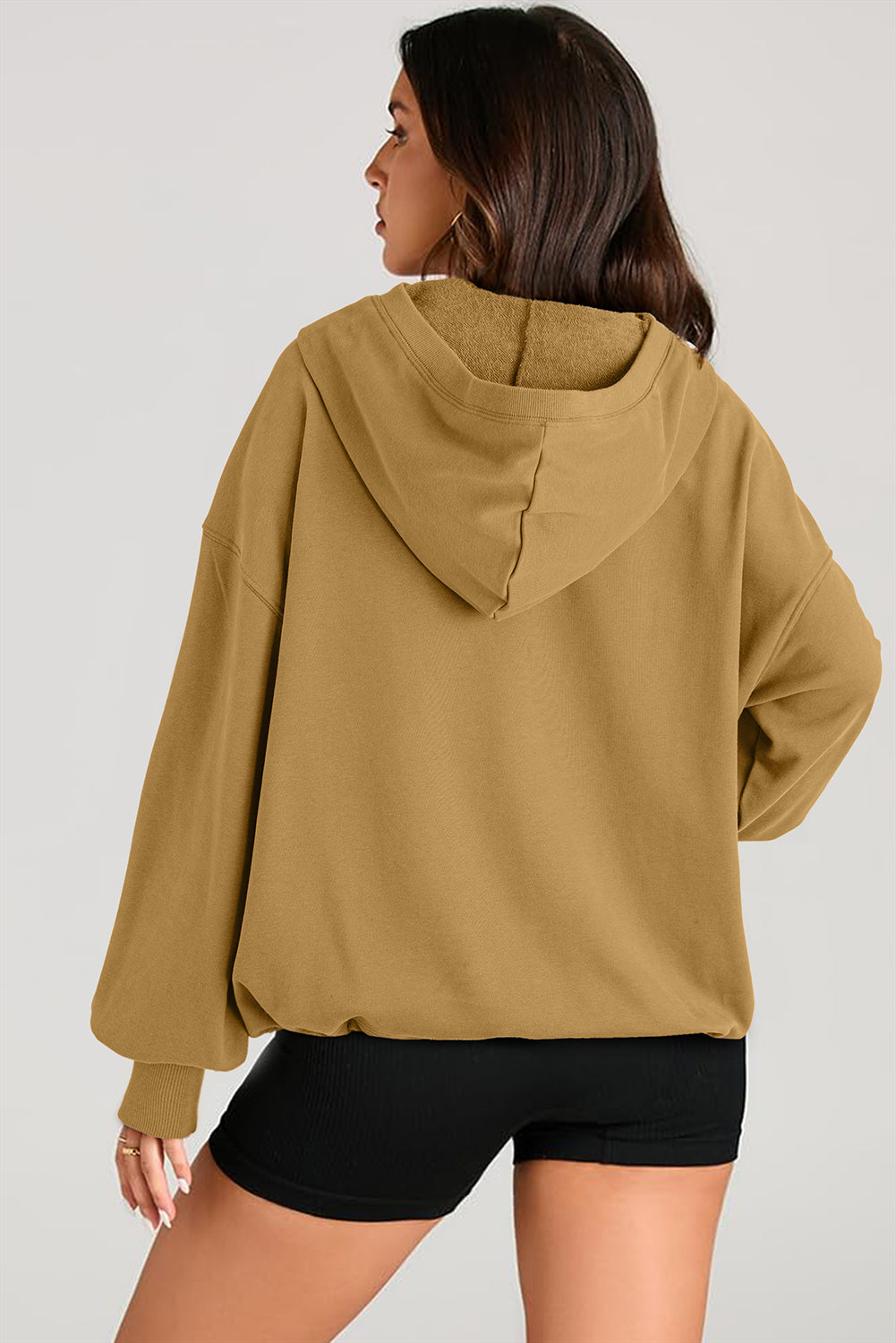 Pocketed Half Zip Long Sleeve Hoodie - aurelia-clothing-8955