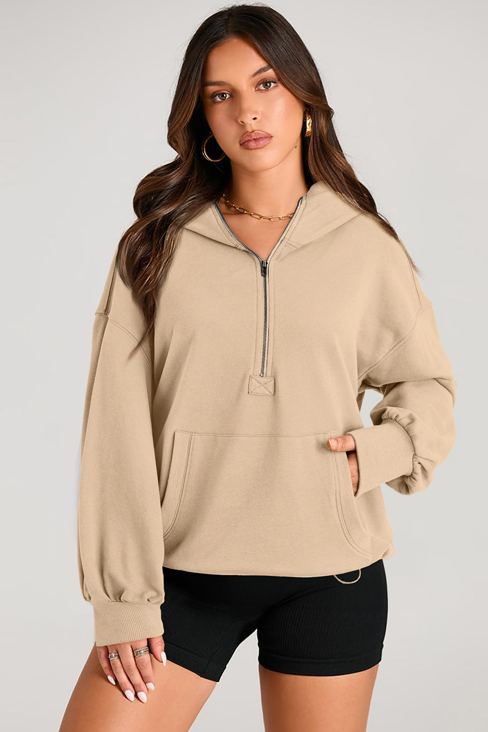 Pocketed Half Zip Long Sleeve Hoodie - aurelia-clothing-8955