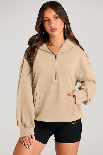 Pocketed Half Zip Long Sleeve Hoodie - aurelia-clothing-8955