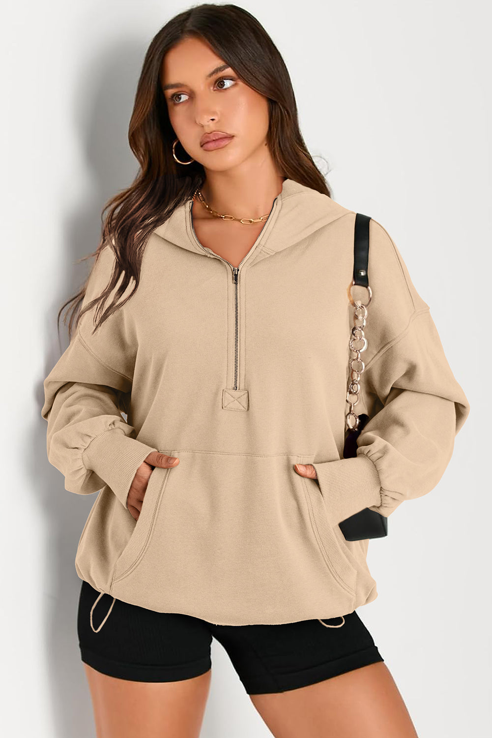 Pocketed Half Zip Long Sleeve Hoodie - aurelia-clothing-8955